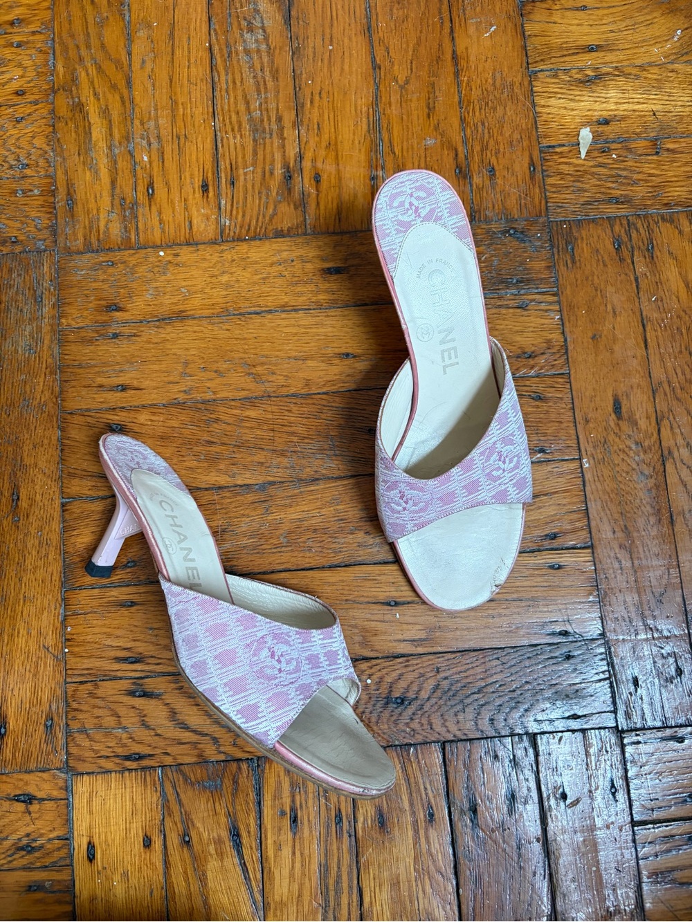 Vintage Chanel Pink CC Monogram Jacquard Mule Sandals
